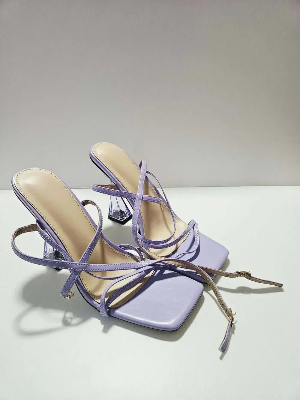 Purple Strappy Square Toe Size 10 Sandals with Sculptural Clear Heel
